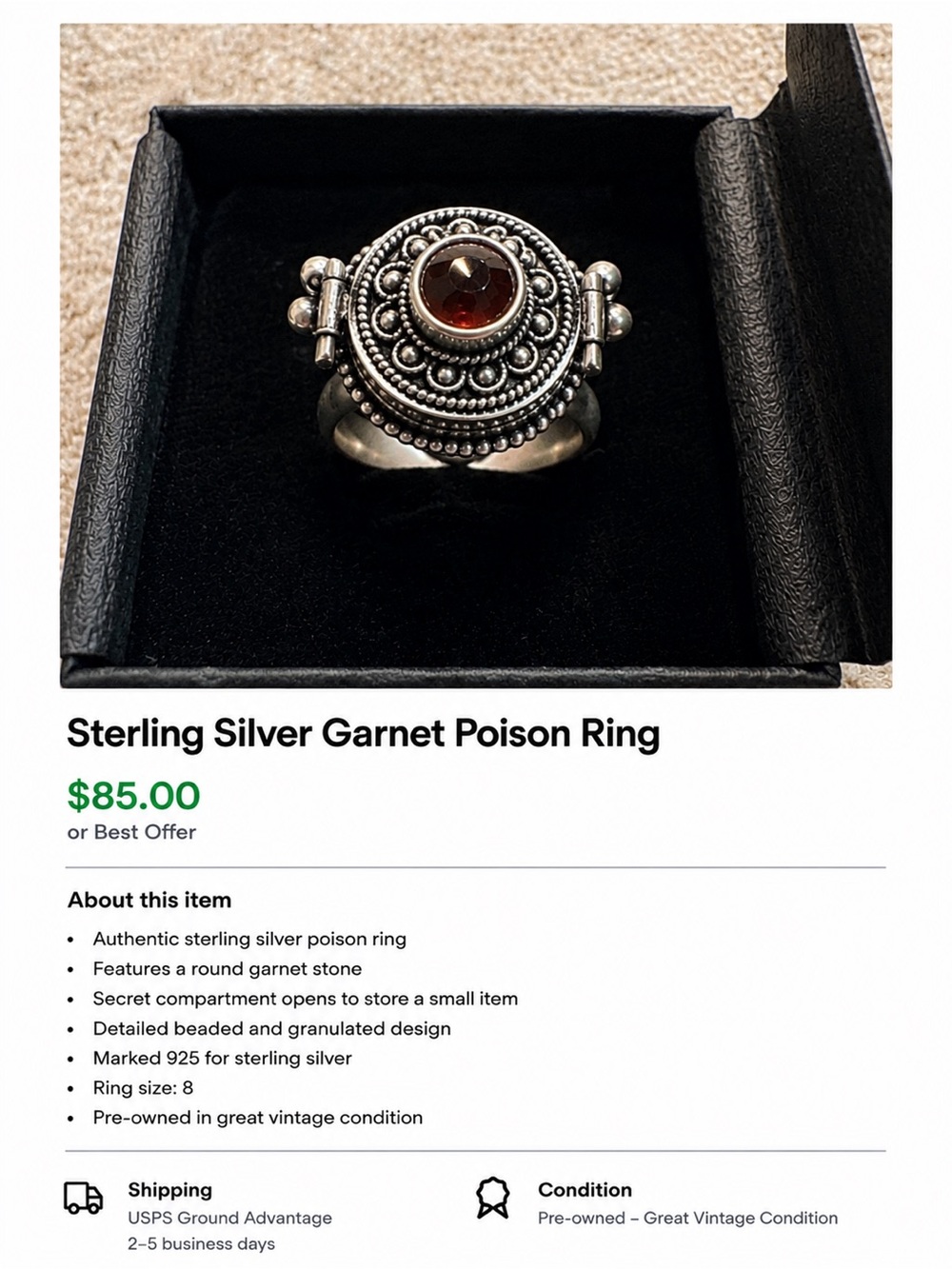Sterling Silver Garnet Poison Ring - Size 8 Red Garnet Center